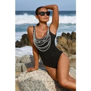 New. Amita Naithani black pearls and rhinestone swimsuit. Small. Retails $169